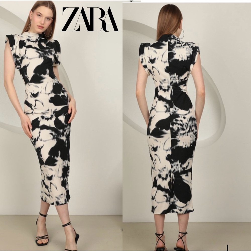 Zara Black white high mock neck bodycon mid dress shoulder pads Sz M NWOT formal